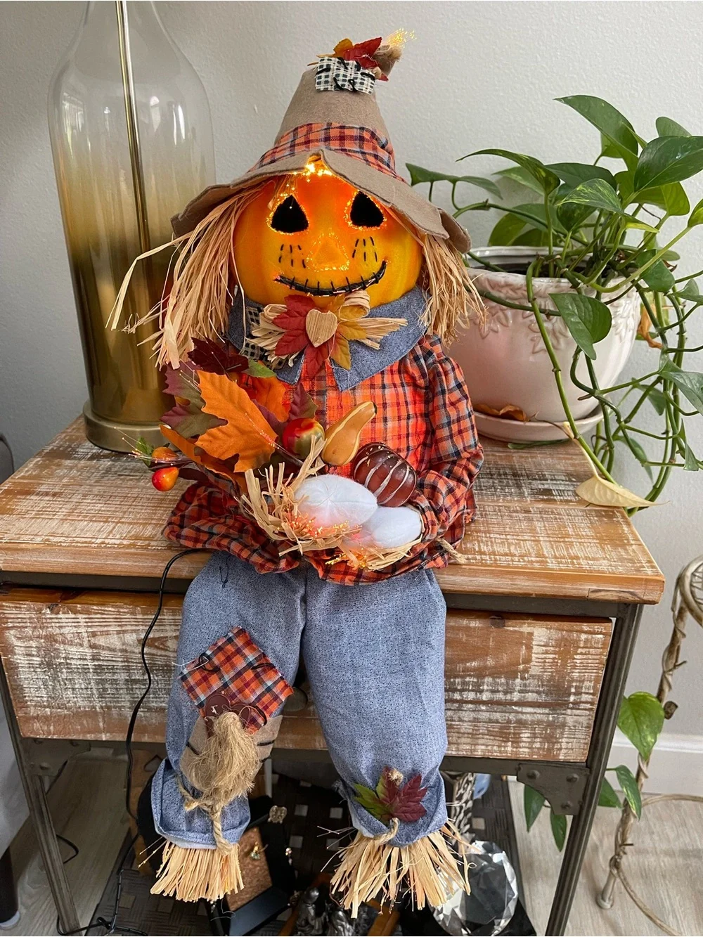 Fiberoptic Scarecrow Sitting Halloween Decoration Lights Up Cute Happy Pumpkin